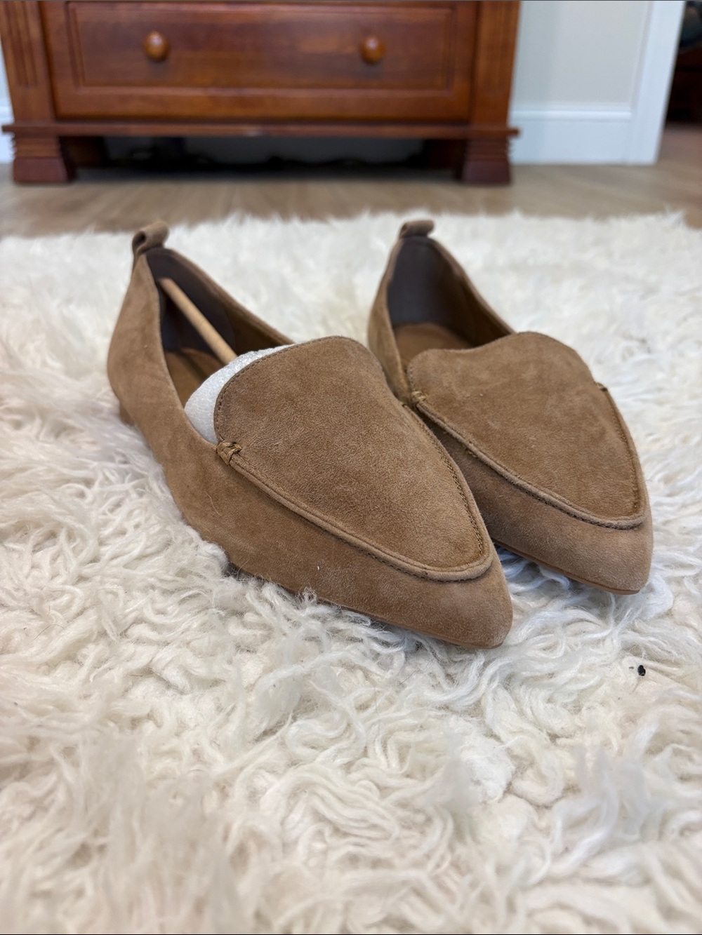 Bella Vita Pointed Suede Loafers in Chestnut Brown